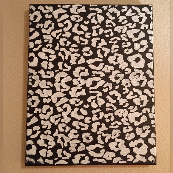 Handmade Other - Handpainted art black and white animal leopard print abstract painting on canvas